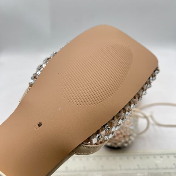 XYD Beige Square Toe Studded Flats Sandals Mesh D'Orsay Ankle Strap Slip On Shoe - Picture 6 of 8